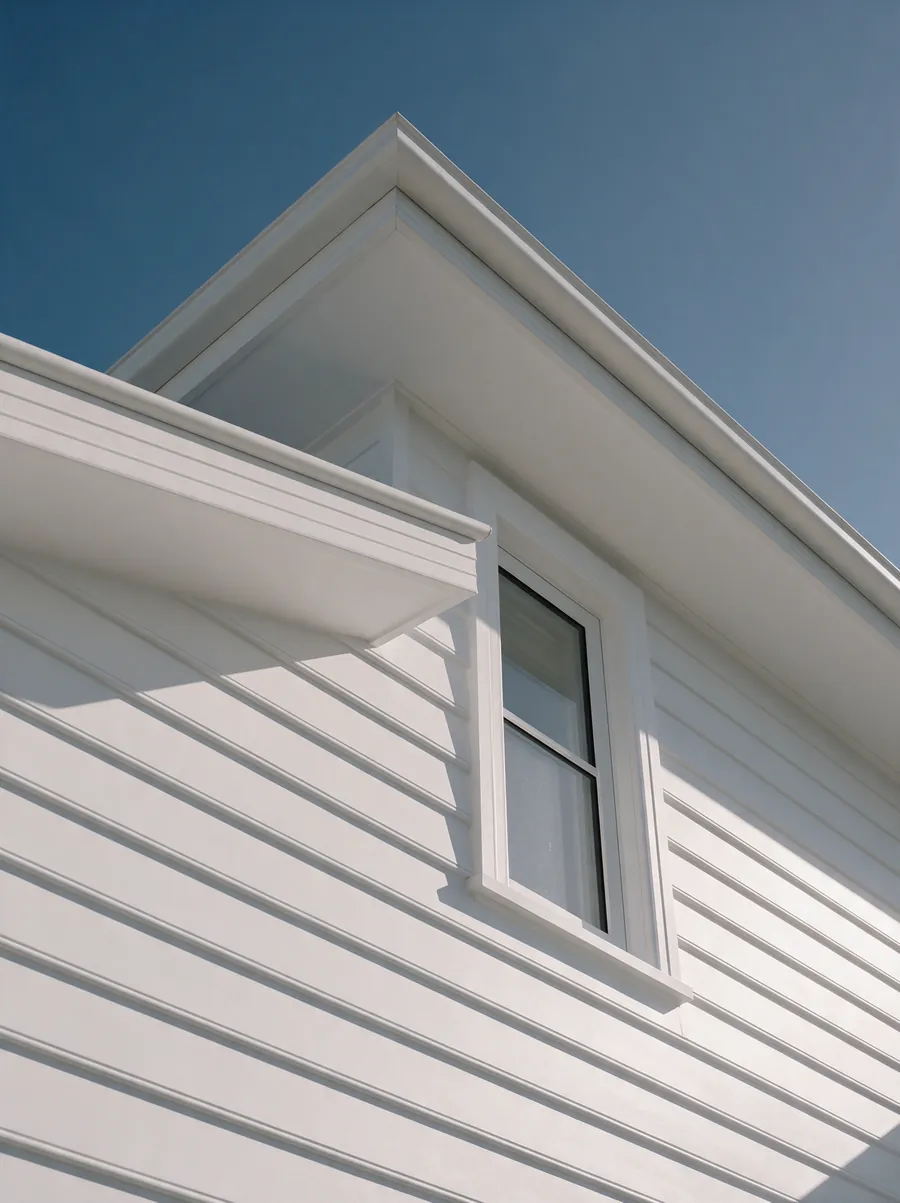 White weatherboard cladding and deep eaves against a blue sky