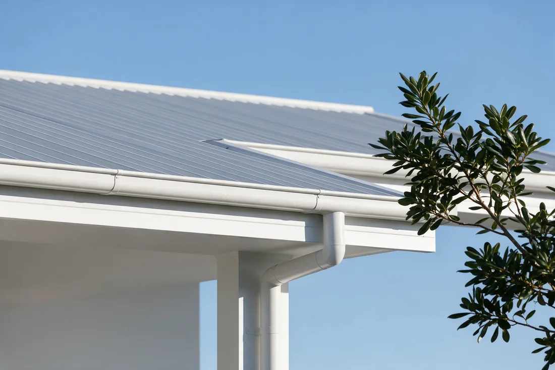 A clean white gutter and downpipe under a pale metal roof
