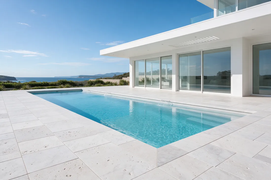 A pale stone pool terrace beside a modern white home with the ocean behind