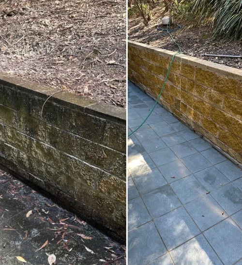 One of our jobs: a retaining wall and its tiles before and after pressure washing