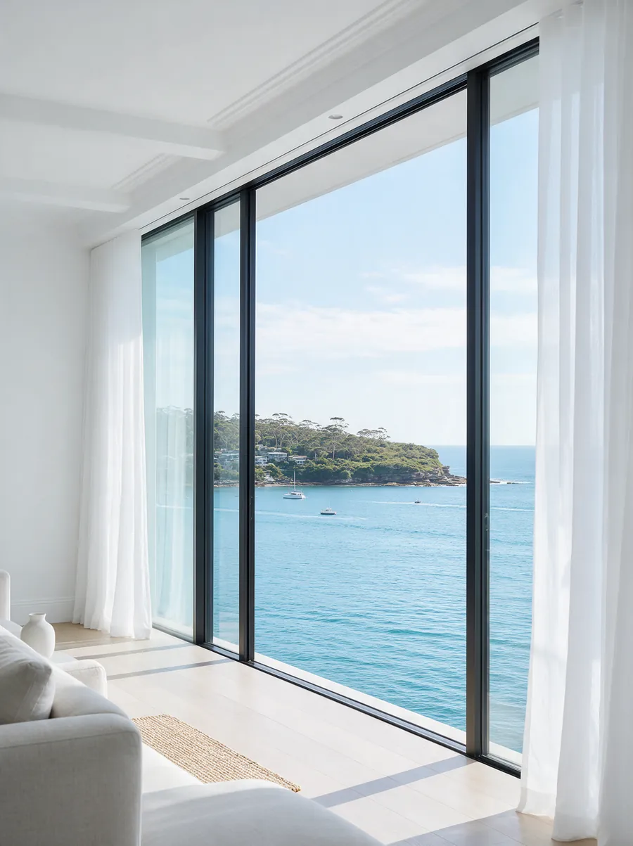 Looking out through a clean floor-to-ceiling window to a bay and a green headland